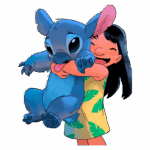 Menina sorridente abraçando seu amigo Stitch, um experimento alienígena azul, ambos com expressões de alegria. A criança usa um vestido amarelo com folhagens verdes.