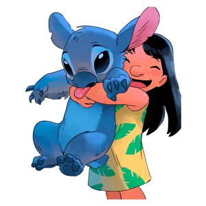 Menina sorridente abraçando seu amigo Stitch, um experimento alienígena azul, ambos com expressões de alegria. A criança usa um vestido amarelo com folhagens verdes.