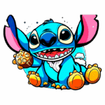 Stitch sorrindo e segurando um biscoito. O fundo é colorido, destacando suas características divertidas e amigáveis. Ideal para fãs de desenhos animados e cultura pop.