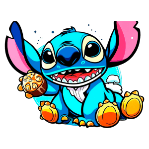 Stitch sorrindo e segurando um biscoito. O fundo é colorido, destacando suas características divertidas e amigáveis. Ideal para fãs de desenhos animados e cultura pop.