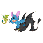 Ilustrações do Stitch em estilo cartoon com um dragão verde, um alienígena azul e uma criatura negra com asas, destacando a amizade e a aventura.