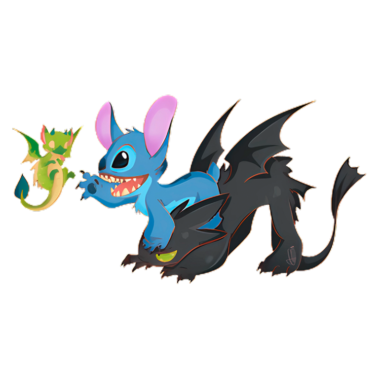 Ilustrações do Stitch em estilo cartoon com um dragão verde, um alienígena azul e uma criatura negra com asas, destacando a amizade e a aventura.