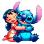 Lilo e Stitch, personagens icônicos da Disney, estão se abraçando com sorrisos felizes. A imagem captura a essência da amizade e do amor entre eles, destacando as cores vibrantes e a expressão alegre.