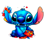 Stitch sentado entre flores coloridas, com uma expressão amigável e alegre. Ideal para temas de amizade e criatividade.