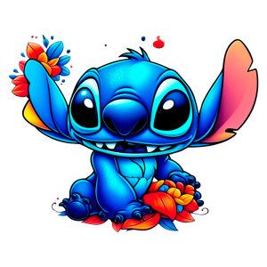 Stitch sentado entre flores coloridas, com uma expressão amigável e alegre. Ideal para temas de amizade e criatividade.