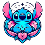Stitch sentado em uma postura adorável com um coração na frente, cercado por elementos decorativos.