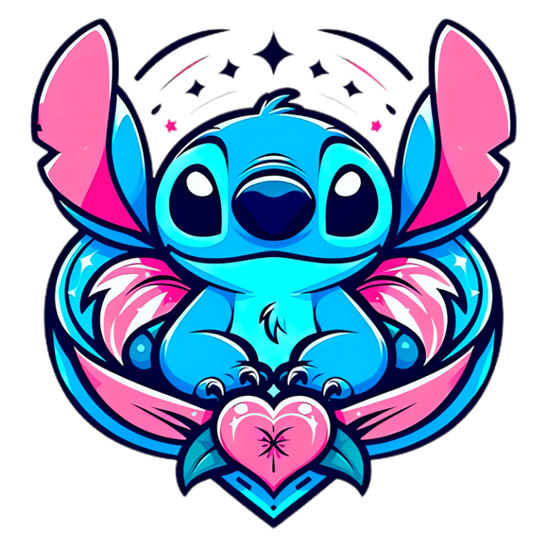 Stitch sentado em uma postura adorável com um coração na frente, cercado por elementos decorativos.