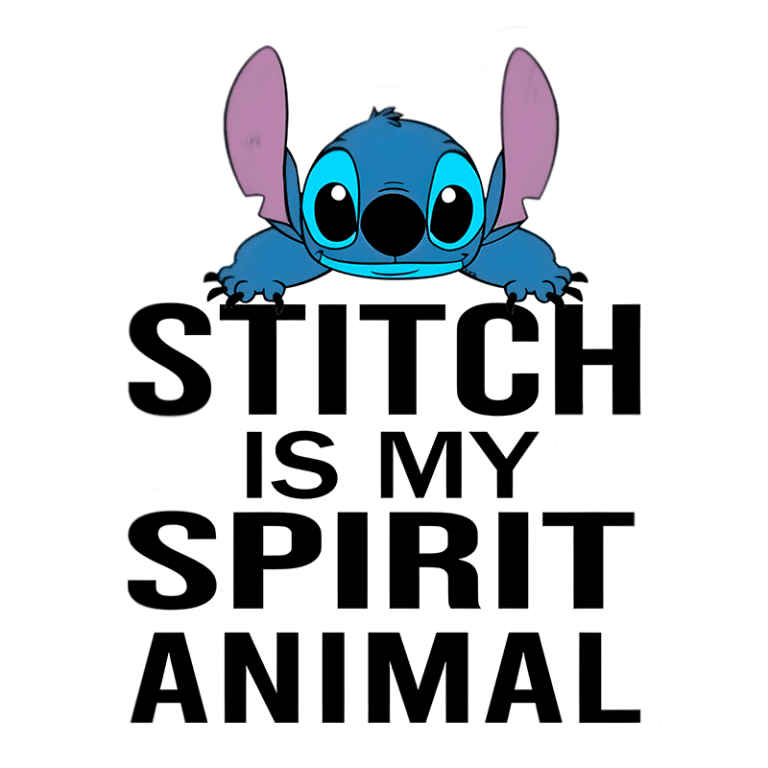 Adesivo com a imagem do Stitch, personagem da Disney, acompanhado da frase "Stitch é meu animal espiritual". Ideal para fãs de animações e cultura pop.