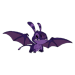 Personagem de desenho animado Stitch roxo com asas de morcego, destacando traços fofos e expressivos. Ideal para ilustrações infantis ou temas de fantasia.