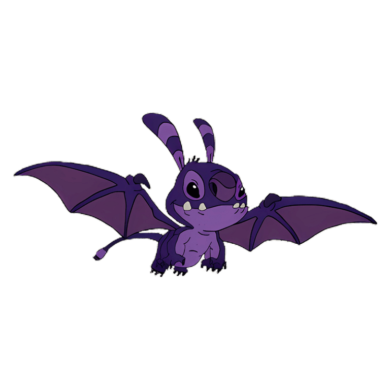 Personagem de desenho animado Stitch roxo com asas de morcego, destacando traços fofos e expressivos. Ideal para ilustrações infantis ou temas de fantasia.