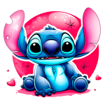Personagem animado Stitch sentado, com orelhas grandes e corpo azul, em um fundo rosa com corações e estrelas, representando um estilo alegre e divertido.
