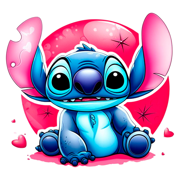 Personagem animado Stitch sentado, com orelhas grandes e corpo azul, em um fundo rosa com corações e estrelas, representando um estilo alegre e divertido.