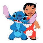 Imagem de Stitch, o alienígena azul de "Lilo & Stitch", sorrindo com suas grandes orelhas, ao lado de Lilo, uma menina havaiana com vestido vermelho e cabelo preto. Ambos os personagens transmitem amizade e diversão.