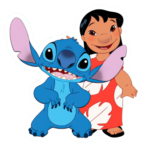 Imagem de Stitch, o alienígena azul de "Lilo & Stitch", sorrindo com suas grandes orelhas, ao lado de Lilo, uma menina havaiana com vestido vermelho e cabelo preto. Ambos os personagens transmitem amizade e diversão.