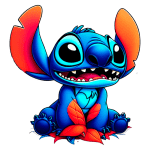 Stitch sentado sobre folhas coloridas, com um sorriso amigável. Ideal para ilustrar temas de animação e cultura pop.