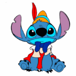 Personagem Stitch vestido com um chapéu colorido e gravata borboleta, sentado com expressão alegre sobre fundo verde.