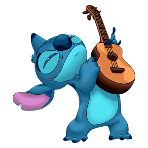 Personagem animado Stitch, conhecido por sua cor azul e orelhas grandes, tocando um violão com expressão alegre. Ideal para conteúdo sobre música ou filmes de animação.