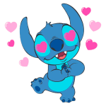 Personagem Stitch, do filme Lilo & Stitch, exibe uma expressão adorável com corações rosa ao seu redor, simbolizando amor e alegria.