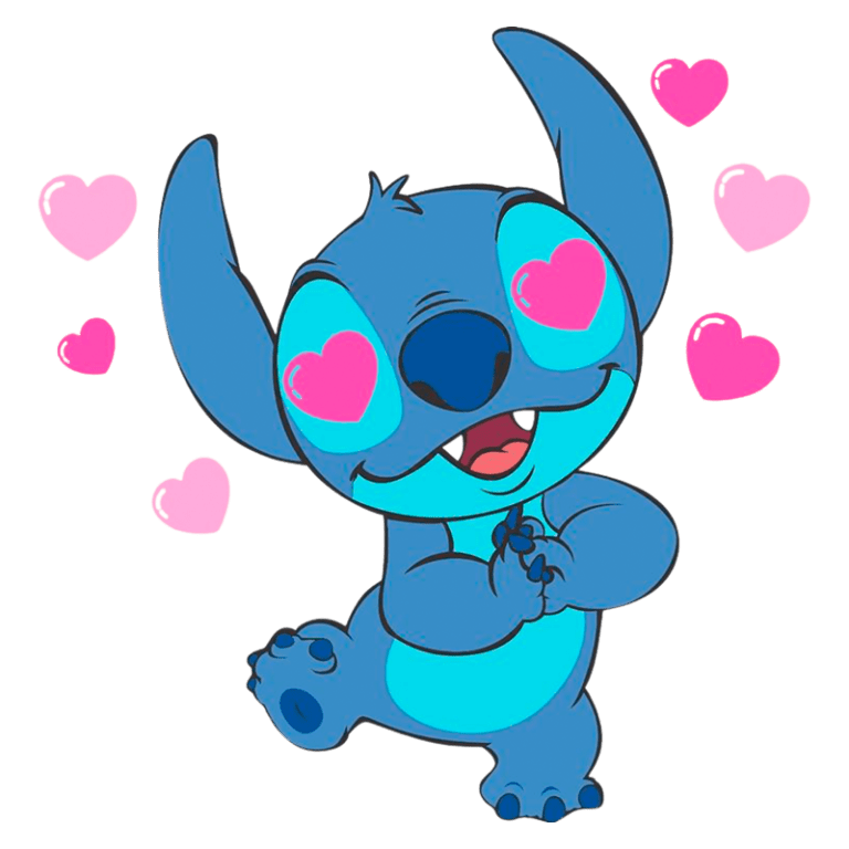Personagem Stitch, do filme Lilo & Stitch, exibe uma expressão adorável com corações rosa ao seu redor, simbolizando amor e alegria.