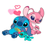 Imagem de dois personagens fofos sentados juntos: Stitch, com pele azul e uma expressão amigável, e uma coelhinha rosa. Eles estão cercados por corações e seguram um brinquedo colorido. Ideal para fãs de animações e cultura pop.