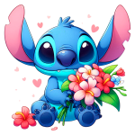 Personagem Stitch, da Disney, segurando um buquê de flores coloridas, rodeado de pequenos corações, com um fundo claro e vibrante, transmitindo uma sensação de alegria e fofura.