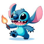 Personagem Stitch exibindo um sorriso alegre enquanto segura uma tocha acesa. Seus grandes olhos e orelhas expressivas destacam sua personalidade divertida e brincalhona.