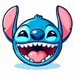 Ilustração de cabeça de personagem Stitch, com pele azul, grandes orelhas rosa, olhos grandes e expressivos, sorrindo amplamente. Ideal para temas de animação e cultura pop.