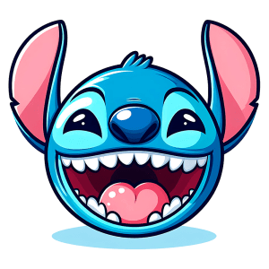 Ilustração de cabeça de personagem Stitch, com pele azul, grandes orelhas rosa, olhos grandes e expressivos, sorrindo amplamente. Ideal para temas de animação e cultura pop.