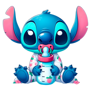 Stitch cartoon sentado, usando um macacão com estampa de flores, segurando uma mamadeira e um bico. Fundo verde.