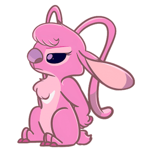 Personagem Angel coelha de Lilo e Stitch na cor rosa com expressão desaprovadora, sentado e com orelhas longas, apresentando um estilo artístico animado.