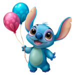 Stitch segurando balões rosa e azul, com um sorriso alegre, em fundo branco. Ideal para festas de aniversário e temas infantis.