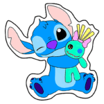 Stitch semelhante a um alienígena, sorrindo e piscando, enquanto abraça um boneco de pelúcia verde com laço rosa. Ideal para produtos voltados para o público infantil e fãs de animações.
