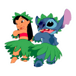 Lilo e Stitch em trajes tradicionais de hula, dançando com alegria. A imagem mostra uma menina com cabelo longo e preto, e um extraterrestre azul com olhos grandes, ambos vestindo saias e acessórios de folhas verdes. Ideal para fãs de animação e cultura havaiana.