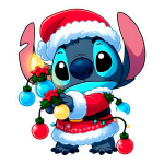 Personagem animado Stitch vestido de Natal, usando um gorro e uma roupa vermelha com detalhes brancos, segurando luzes de Natal coloridas e uma decoração. Ideal para temas festivos e natalinos.