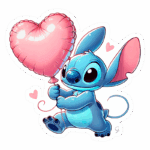 Stitch segurando um balão em forma de coração rosa, com um fundo verde. Ideal para ilustrações fofas e temas de amor.