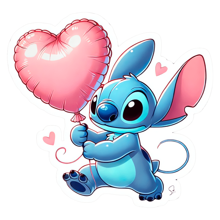Stitch segurando um balão em forma de coração rosa, com um fundo verde. Ideal para ilustrações fofas e temas de amor.