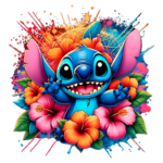 Personagem Stitch, de cor azul, sorrindo e segurando flores de hibisco em um fundo colorido com explosões de cores vibrantes.