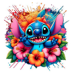 Personagem Stitch, de cor azul, sorrindo e segurando flores de hibisco em um fundo colorido com explosões de cores vibrantes.