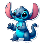 Stitch com expressão cativante, de pé em uma pose amigável. Ideal para representar temas de amizade e aventura em produtos infantis.