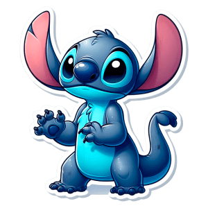 Stitch com expressão cativante, de pé em uma pose amigável. Ideal para representar temas de amizade e aventura em produtos infantis.