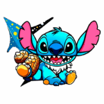 Stitch sorrindo e segurando uma concha, cercado por elementos relacionados ao mar, representando um estilo divertido e colorido. Ideal para fãs de animações e cultura pop.