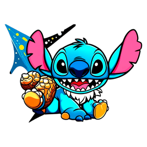 Stitch sorrindo e segurando uma concha, cercado por elementos relacionados ao mar, representando um estilo divertido e colorido. Ideal para fãs de animações e cultura pop.