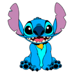 Personagem animado Stitch, da Disney, com pele azul vibrante, grandes olhos pretos e orelhas rosas, sentado e sorrindo. Ele usa um lenço amarelo no pescoço. Ideal para temas de animação e filmes infantis.