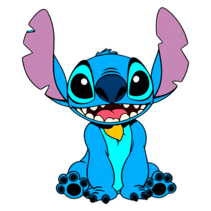 Personagem animado Stitch, da Disney, com pele azul vibrante, grandes olhos pretos e orelhas rosas, sentado e sorrindo. Ele usa um lenço amarelo no pescoço. Ideal para temas de animação e filmes infantis.