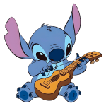 Stitch, personagem azul da Disney, tocando ukulele, com expressão alegre e orelhas grandes, em fundo verde.