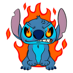 Personagem animado Stitch com expressão feroz e chamas ao fundo, destacando seu olhar intenso e detalhes vibrantes. Ideal para fãs de animações e cultura pop.