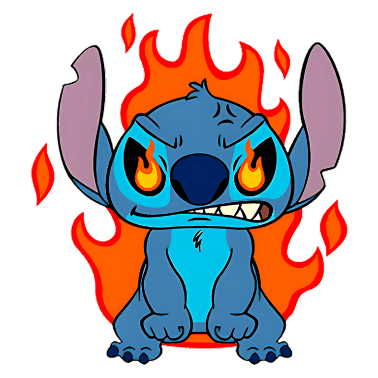Personagem animado Stitch com expressão feroz e chamas ao fundo, destacando seu olhar intenso e detalhes vibrantes. Ideal para fãs de animações e cultura pop.