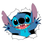 Personagem Stitch de Lilo & Stitch, sorridente e animado, saindo de uma parede. O desenho mostra seu corpo azul e orelhas grandes, exibindo dentes afiados e uma expressão amigável.