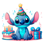 Stitch usando um chapéu de festa e uma coroa de flores, celebrando um aniversário ao lado de um bolo decorado com velas e um presente colorido, com confetes ao fundo.