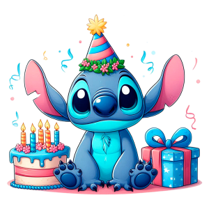 Stitch usando um chapéu de festa e uma coroa de flores, celebrando um aniversário ao lado de um bolo decorado com velas e um presente colorido, com confetes ao fundo.